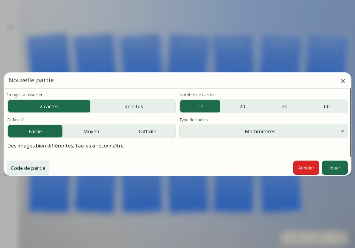 Fenêtre Nouvelle partie de Match Cards sur tablette en paysage : les choix de partie et le bouton Jouer.