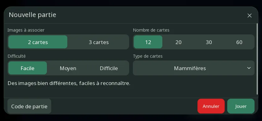 Fenêtre Nouvelle partie de Match Cards sur téléphone en thème sombre : choix des images à associer, de la difficulté, du nombre et du type de cartes.